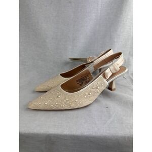 A New Day Milan Ivory Pearl Slingback Kitten Heels Bow Pointed Toe Pumps 7 NEW